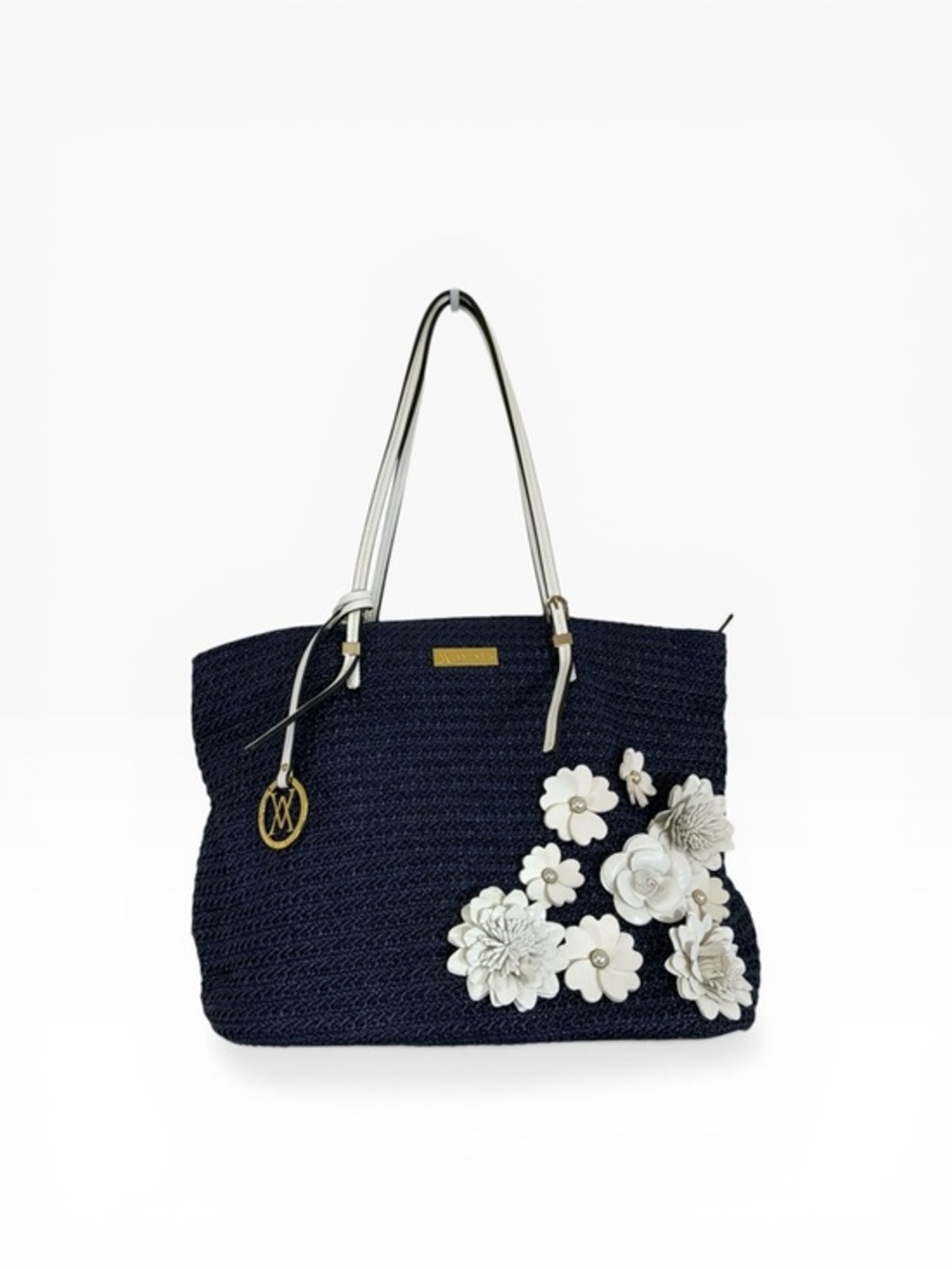 Amiani Navy Straw Shoulder Bag with White Floral Appliqués